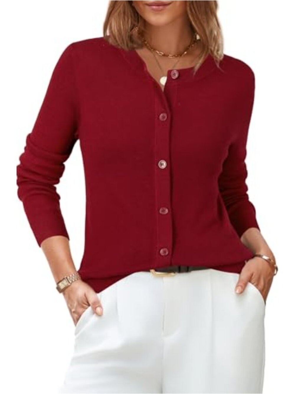 Wool Blend Lightweight Cardigan Crew Neck Button Down Long Sleeve Knit Sweater
